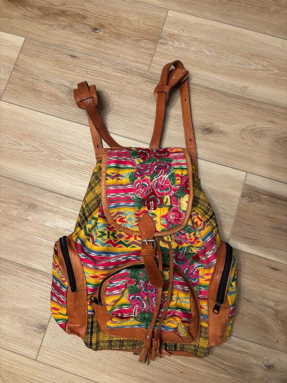 Handmade Guatemalan Large Huipil Embroidered and Leather Backpack